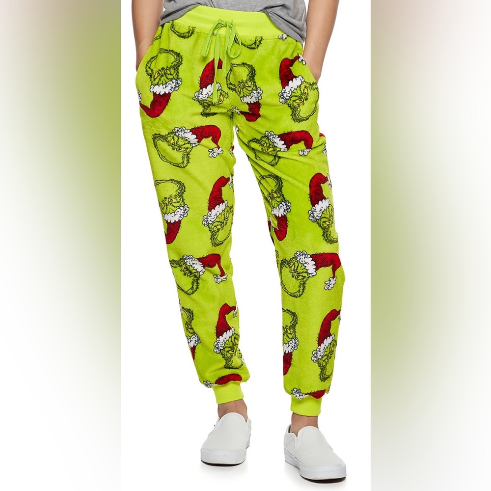 Juniors’ Super Warm & Soft Christmas Holiday Grinch Toss Woobie Joggers Size M